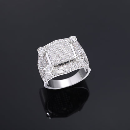 Unisex Iced Out Geometric Square Ring with Cubic Zirconia in White Gold Tone