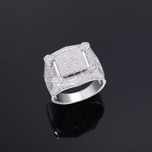 Unisex Iced Out Geometric Square Ring with Cubic Zirconia in White Gold Tone product image