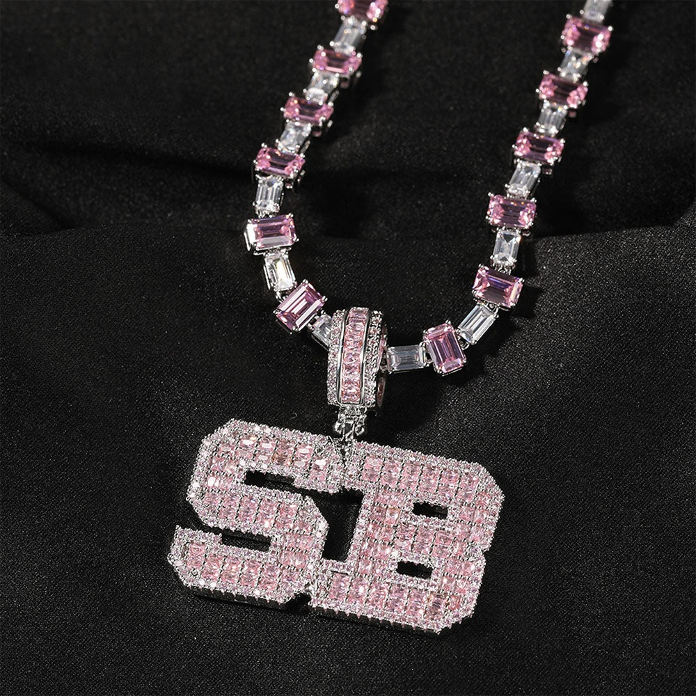 Personalized Pink Cubic Zirconia Letter Pendant Necklace for Women - Silver Plated Hip Hop Chain, Custom 1-10 Initials, 16 Inch Statement Jewelry
