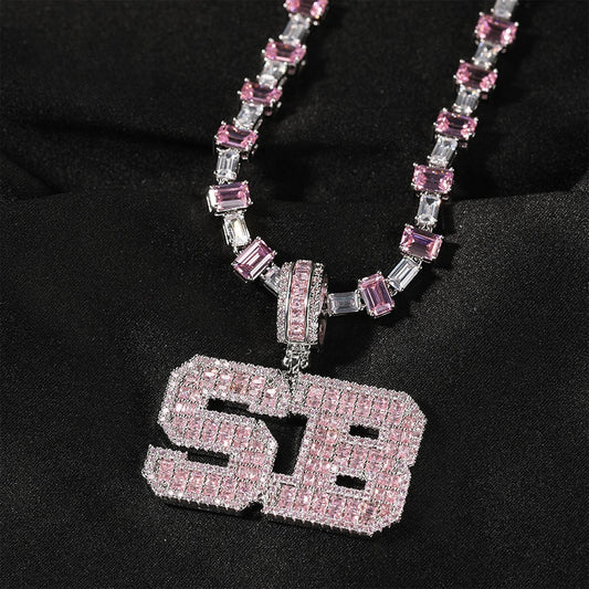 Personalized Pink Cubic Zirconia Letter Pendant Necklace for Women - Silver Plated Hip Hop Chain, Custom 1-10 Initials, 16 Inch Statement Jewelry