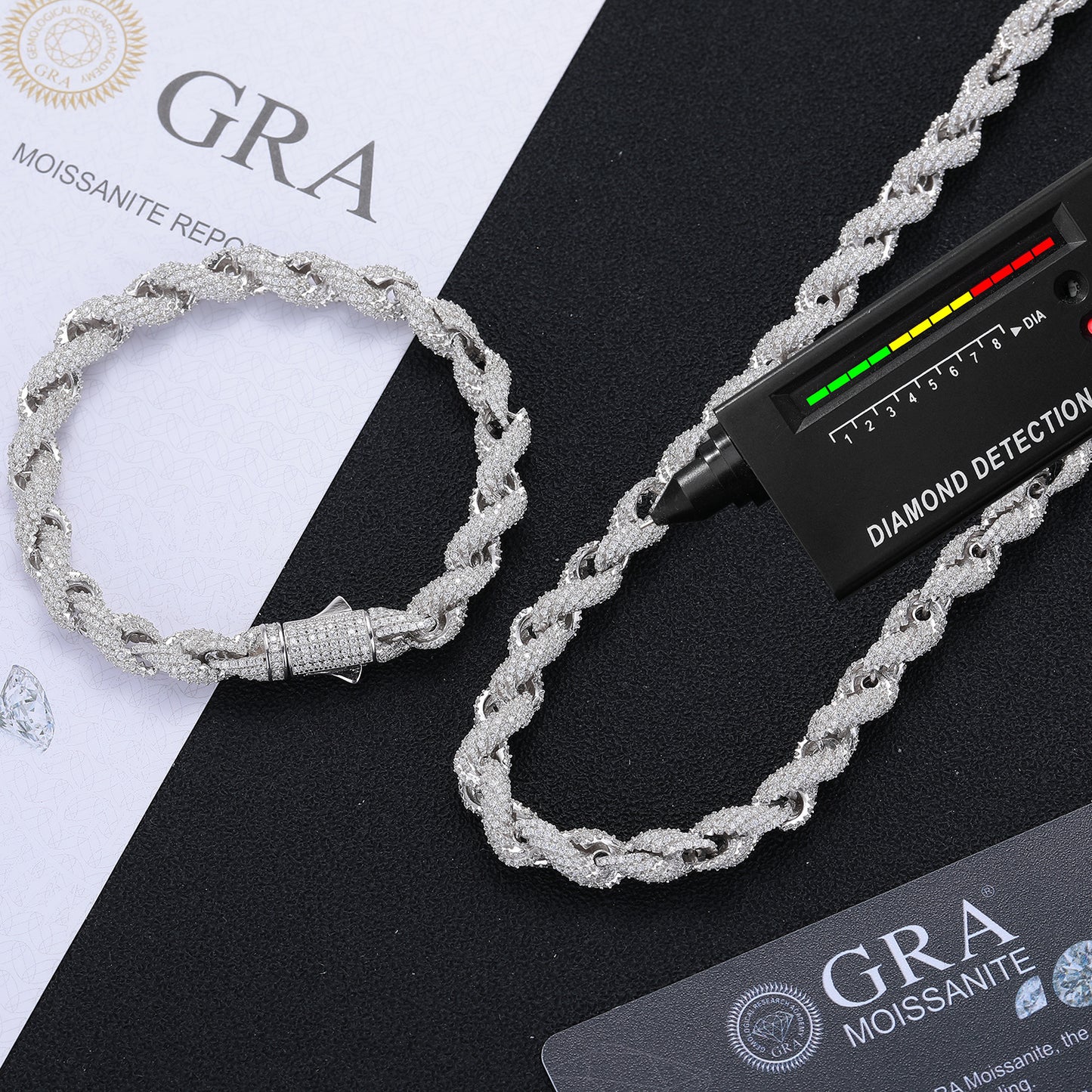 Unisex 925 Silver Moissanite Twisted Rope Chain Necklace & Bracelet