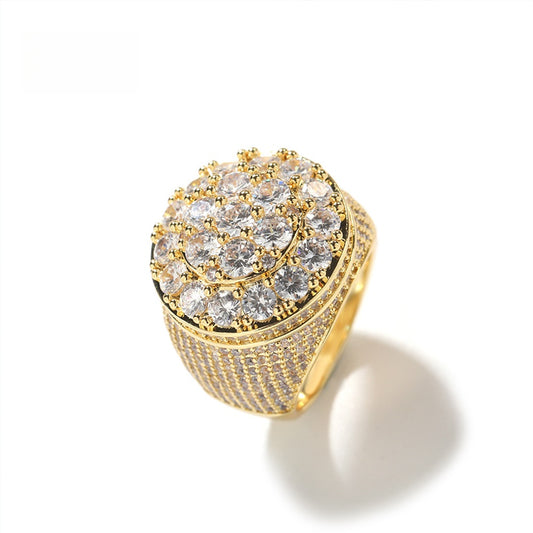 Men’s Gold Plated Flower Cluster Cubic Zirconia Statement Ring – Round Hip Hop Style