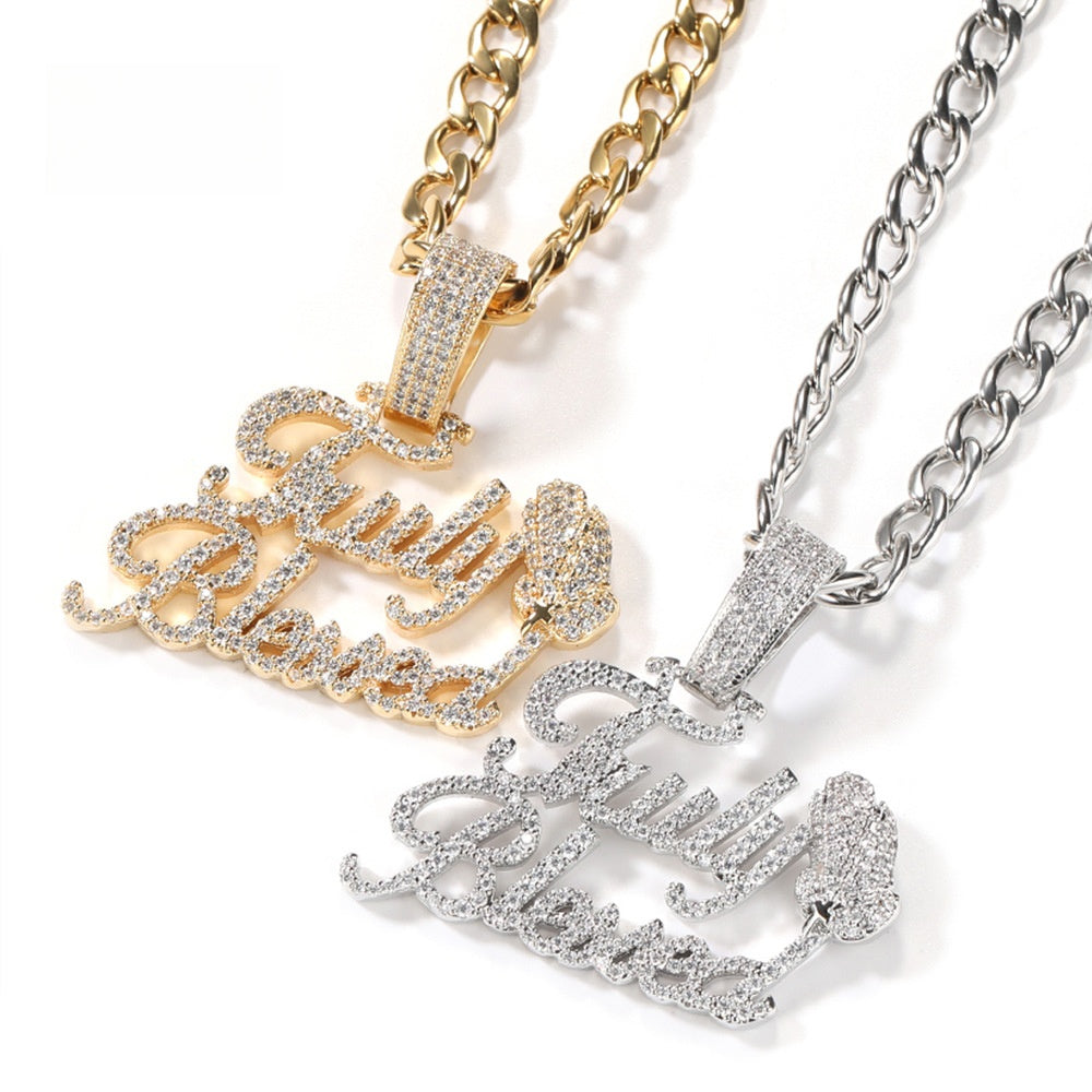 Iced Out English Letter Pendant Necklace with Cuban Twist Chain - Gold Plated or Silver Plated Cubic Zirconia Statement Necklace