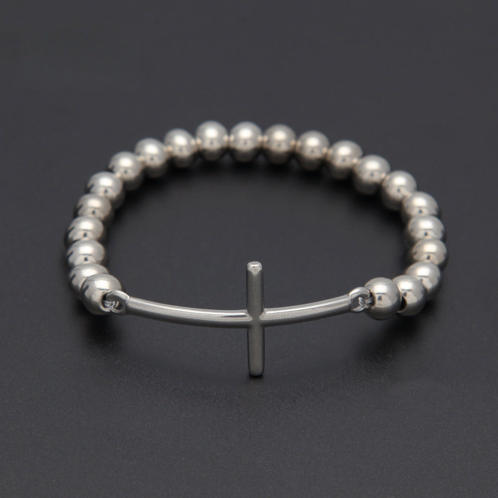 Polished Stainless Steel Cross Beaded Bracelet 8mm – Unisex Trendy Statement Chain Bracelet