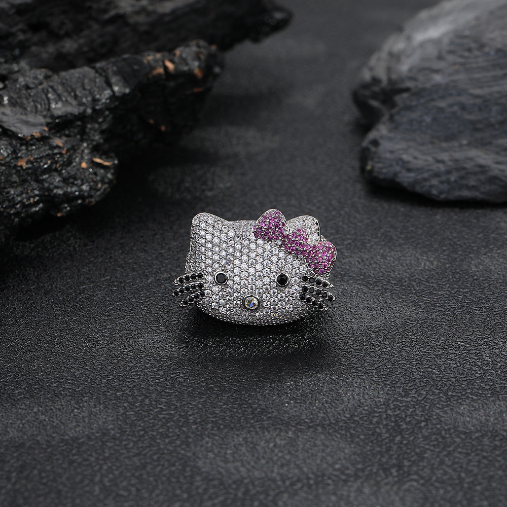 Cute Cat Face Rhinestone Ring, Animal Bow Ring, White or Gold, Sizes 6-9