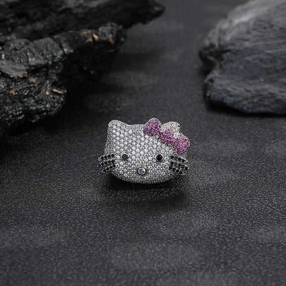 Cute Cat Face Rhinestone Ring, Animal Bow Ring, White or Gold, Sizes 6-9