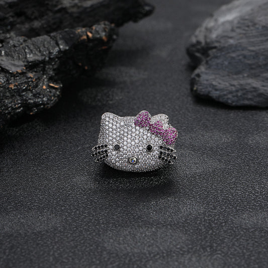 Cute Cat Face Rhinestone Ring, Animal Bow Ring, White or Gold, Sizes 6-9