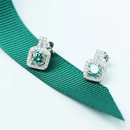 Geometric Halo Moissanite Stud Earrings, Square Cushion-Cut Look Earrings for Women and Men