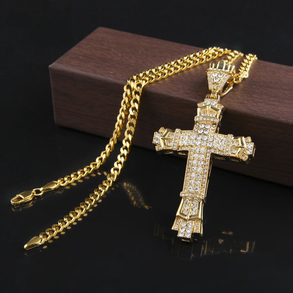 Iced Cross Pendant Necklace with Cuban Chain for Men & Women – Gold or Silver Statement Hip Hop Chain
