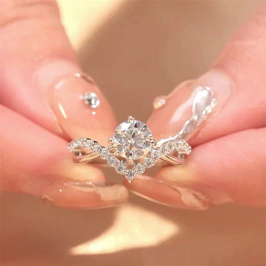 Round Cut Halo Style Ring for Women, Geometric Pavé Look Fashion Ring