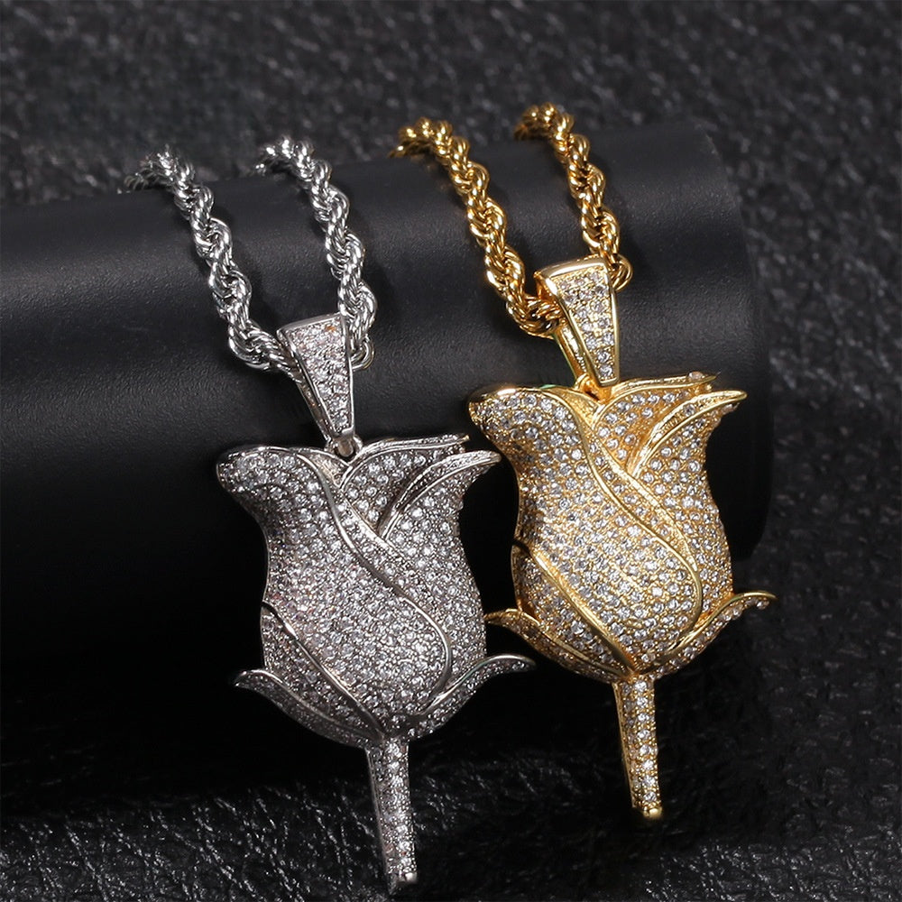 Men’s Iced Rose Pendant Necklace with Cubic Zirconia Twisted Chain, Gold Plated or Silver Plated Statement Jewelry