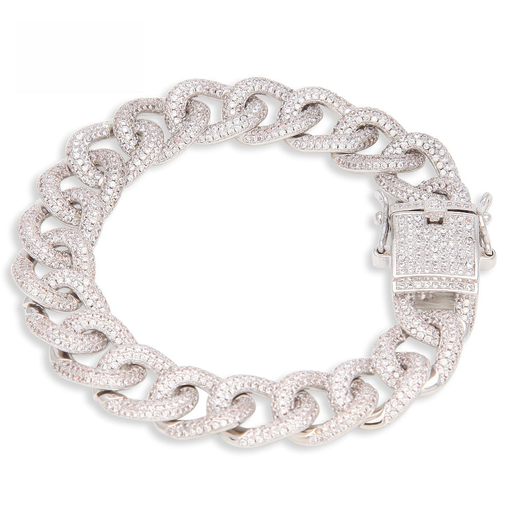 Iced Out Cuban Link Bracelet with Cubic Zirconia for Women & Men – Statement Hip Hop Chain in Gold, Silver, Gun Black