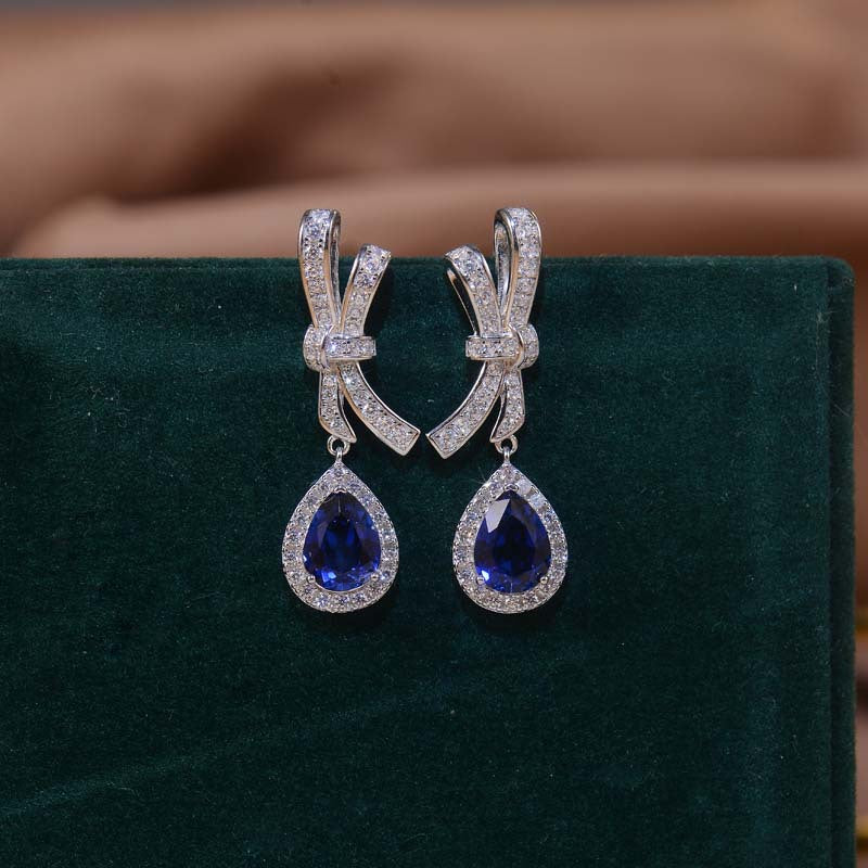 Royal Blue Teardrop Drop Earrings in 925 Silver, Bow Design for Women product image