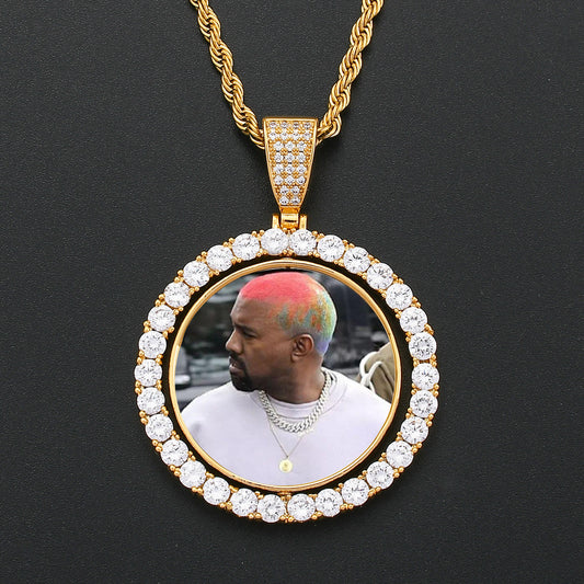 Hip Hop Round Photo Frame Copper Pendant Necklace for Men and Women