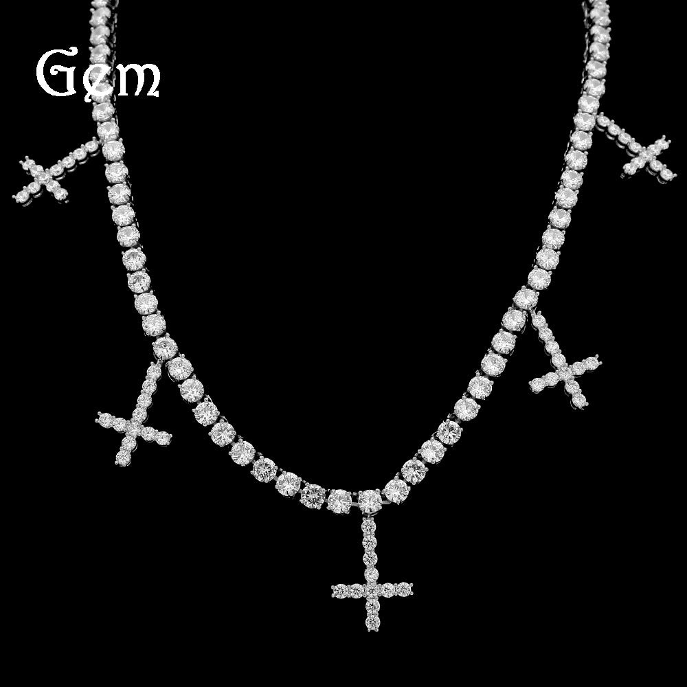 Iced Out Cross Pendant Necklace for Women & Men, Cubic Zirconia Tennis Chain in Gold Plated or Silver Plated