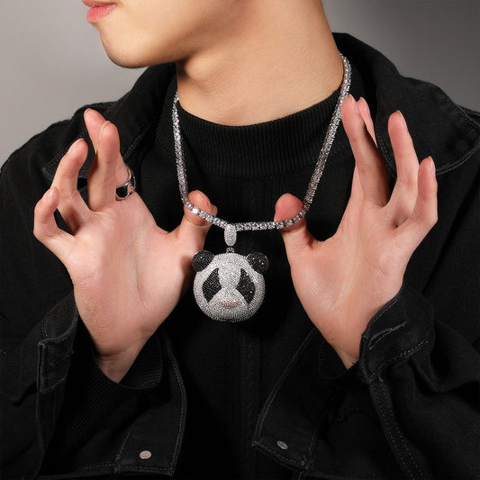 Iced Cartoon Panda Pendant Necklace for Women and Men, Silver Plated Cubic Zirconia Hip Hop Statement Chain, 24 Inch Stainless Steel Twist Chain