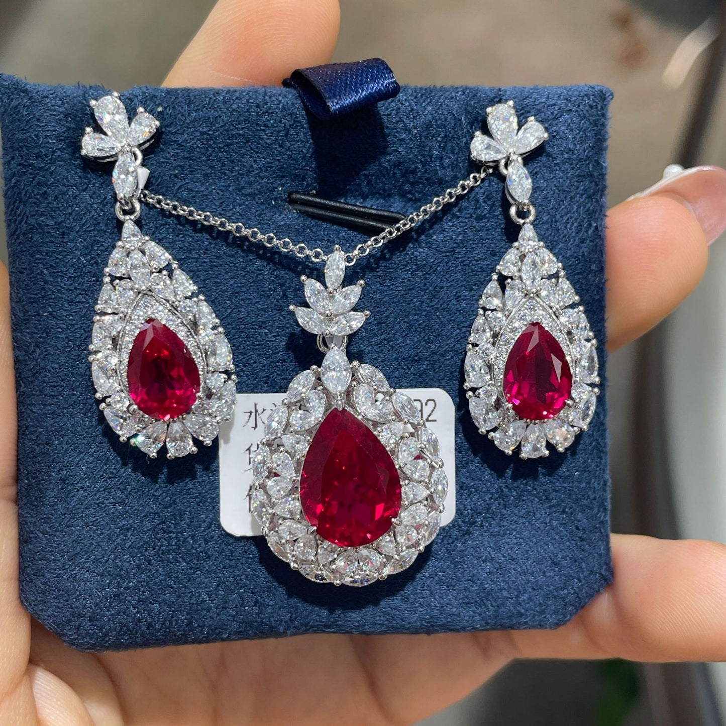 Red Teardrop Crystal Necklace and Earrings Set for Women, Evening Look product image