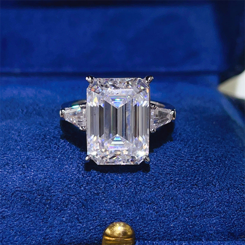 Emerald Cut Moissanite Engagement Ring for Women, Geometric Solitaire Ring with Side Stones product image