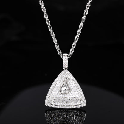 Iced Out Triangle Money Bag Pendant Necklace with Rope Chain