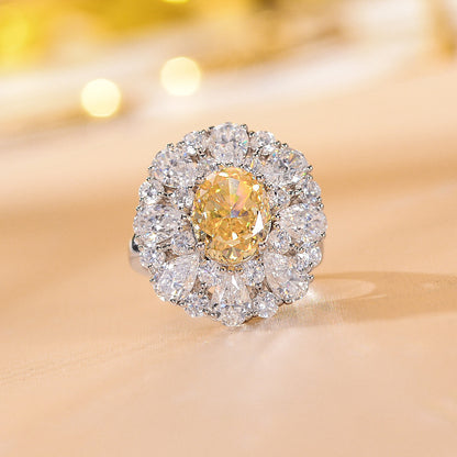 Oval Yellow Center Stone Halo Ring, S925 Silver 18K Gold Plated Ring for Women
