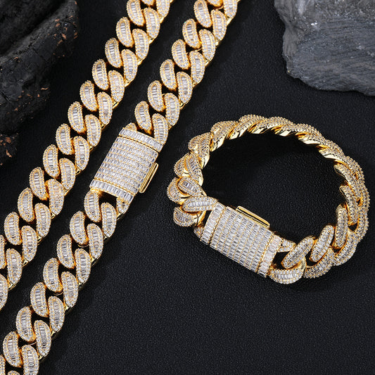 18mm Iced Out Cuban Link Chain Necklace & Bracelet, Geometric CZ Jewelry
