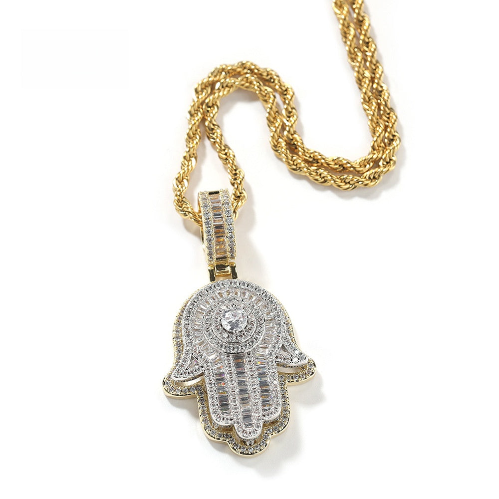 Iced Hamsa Hand Pendant Necklace with Cubic Zirconia Rope Chain for Women