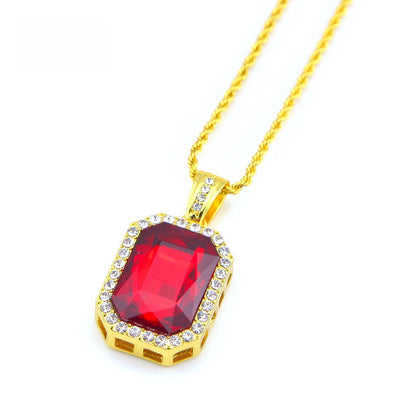 Men’s Iced Rectangular Pendant Necklace with Twisted Chain - Gold or Silver Tone Crystal Statement Necklace