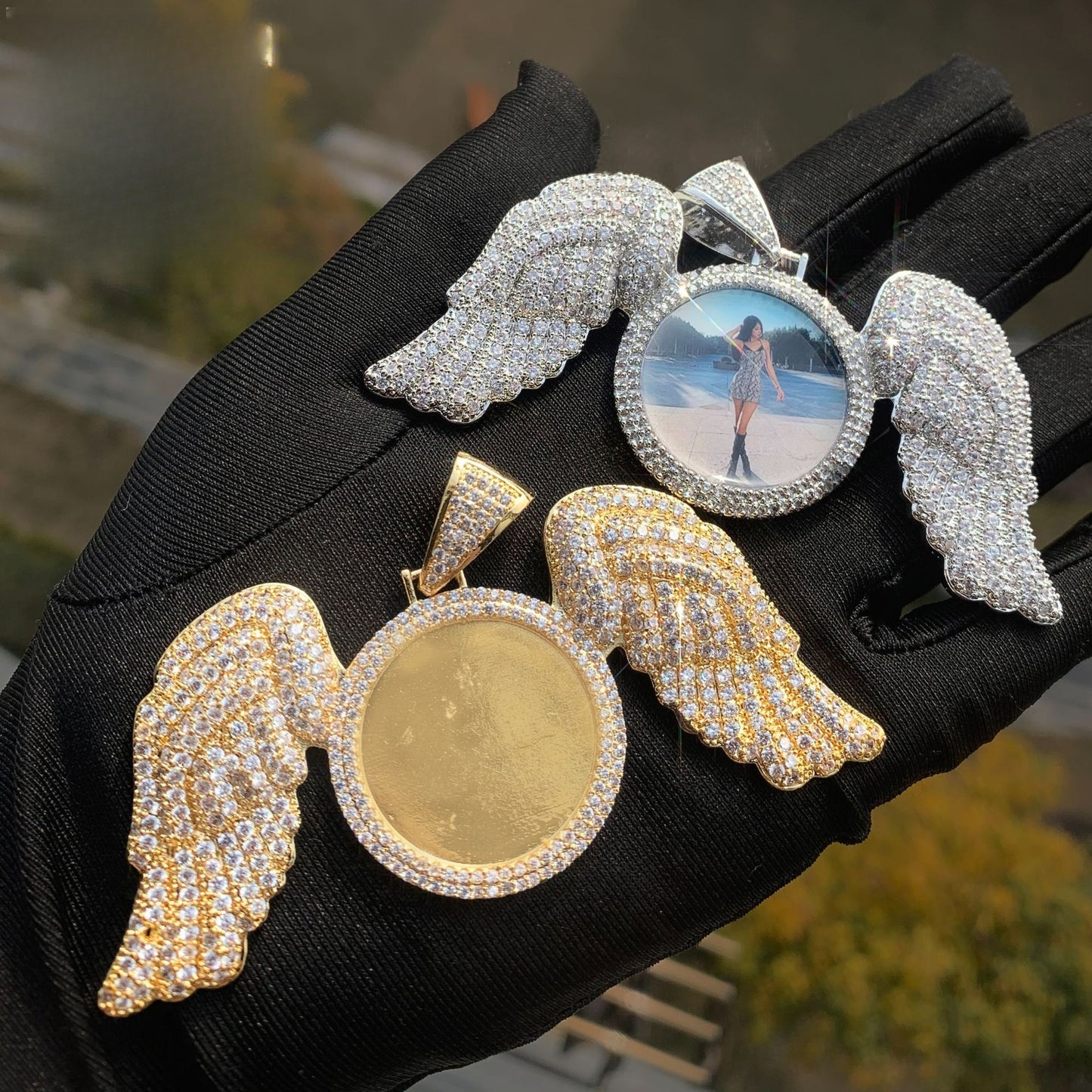 Iced Out Angel Wing Photo Pendant for Men