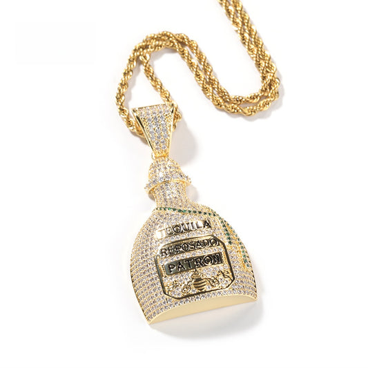 Unisex Iced Bottle Pendant Necklace with Cubic Zirconia Twisted Chain, Gold Plated or Silver Plated Statement Jewelry