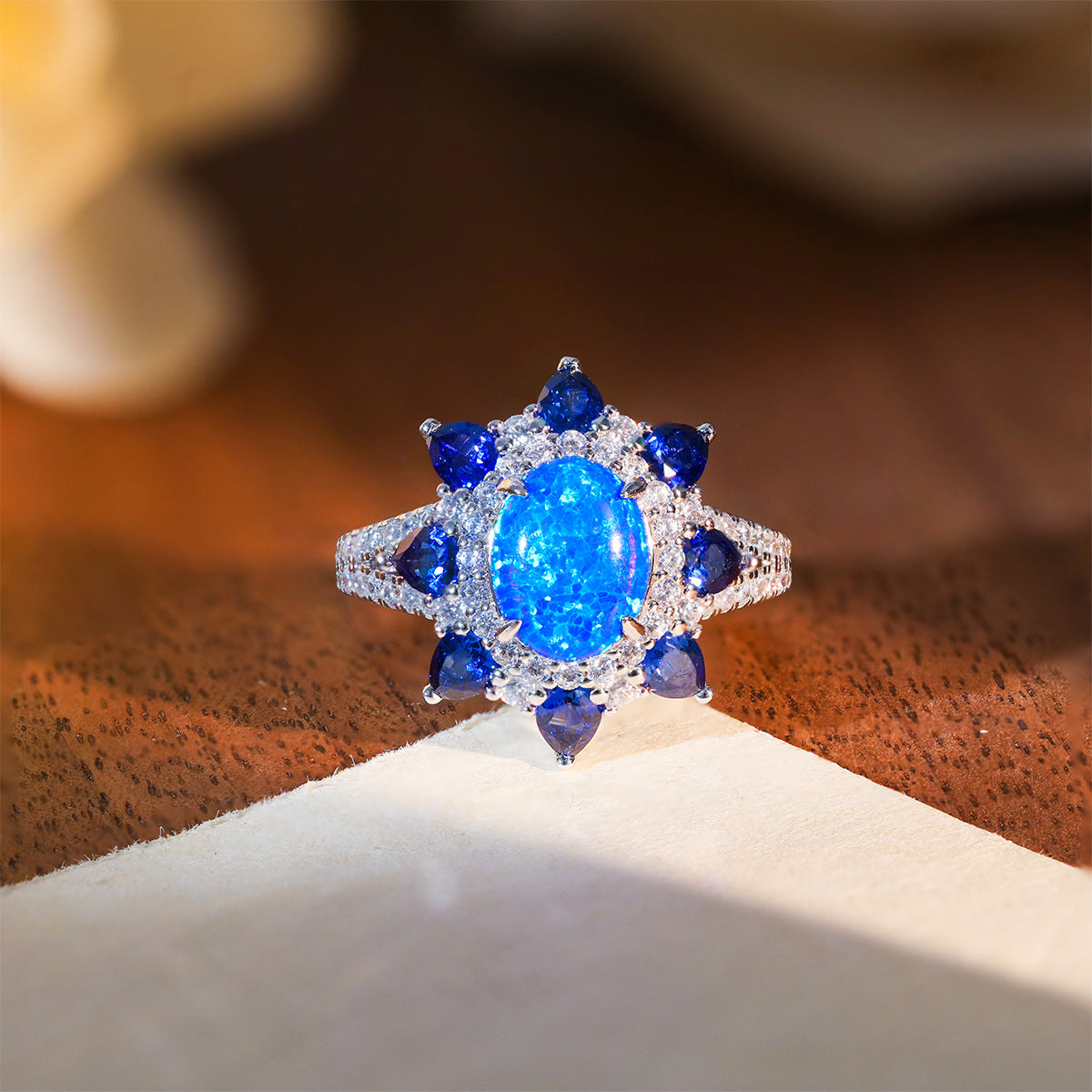 Blue Opal Halo Ring for Women, S925 Silver, 18K Gold Plated Sapphire Accent Ring product image
