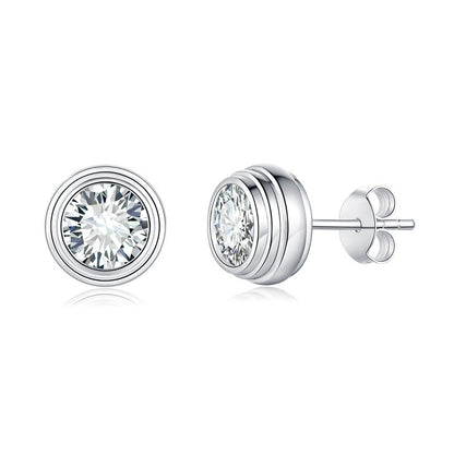Moissanite Stud Earrings, Round Bezel 50-Point White Gold-Plated Earrings
