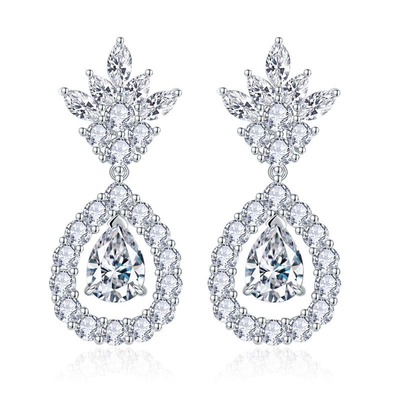 Moissanite Drop Earrings for Women, Pear Floral Stud Dangle Earrings, S925 Silver 18K Gold Plated product image