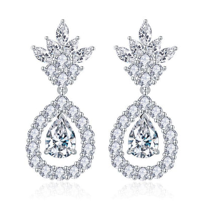 Moissanite Drop Earrings for Women, Pear Floral Stud Dangle Earrings, S925 Silver 18K Gold Plated