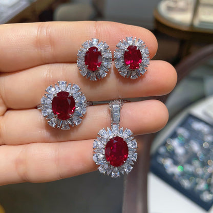 Ruby Red Oval Halo Matching Jewelry Set, Ring, Earrings & Pendant