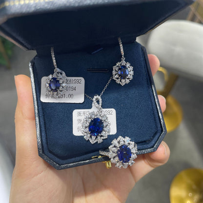 Lab-Created Blue Sapphire Jewelry Set, 925 Sterling Silver Necklace Earrings Ring