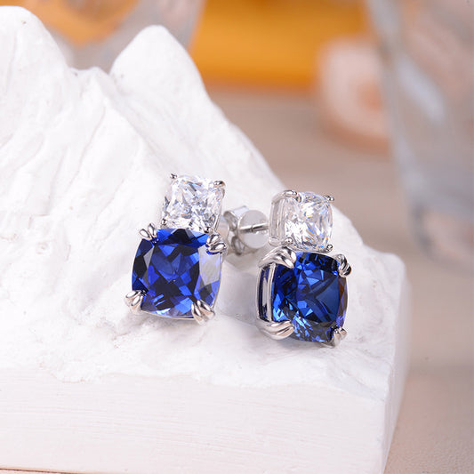 Blue Cushion Cut Stud Earrings for Women, S925 Silver, Square Gemstone Studs product image