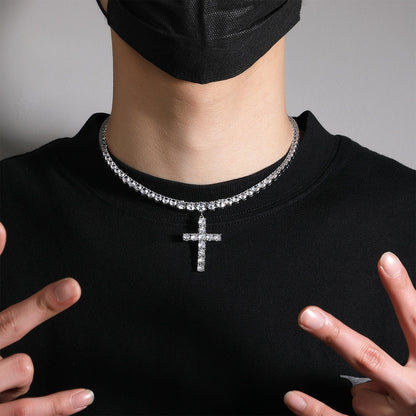 Unisex Cubic Zirconia Cross Pendant Necklace in Gold or Silver Tone - Minimalist Statement Chain 16in/18in