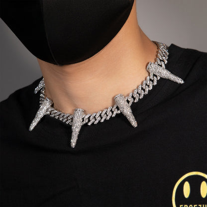 Iced Spike Cuban Link Necklace Silver Tone Statement Pendant Chain for Men & Women