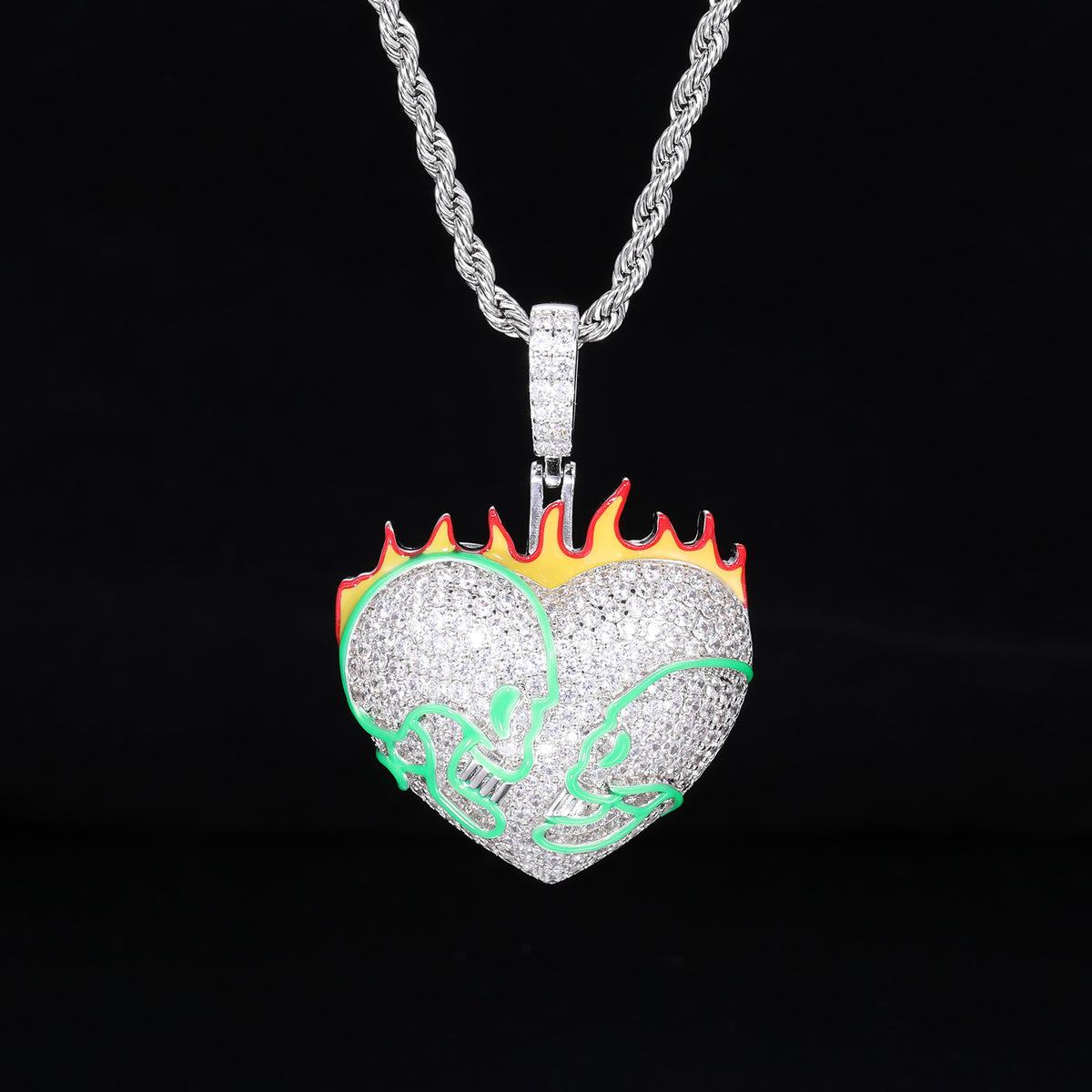 Iced Out Flaming Skull Heart Pendant Necklace for Men - Silver Tone Copper Hip Hop Chain with Cubic Zirconia product image