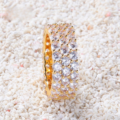 Unisex 3-Row Cubic Zirconia Band Ring in Gold or Silver Tone - Elegant Statement Stackable Ring