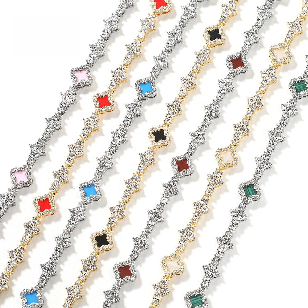 Unisex Clover Cubic Zirconia Bracelet in Gold & Silver Tones - Hip Hop Statement Chain Bracelet product image