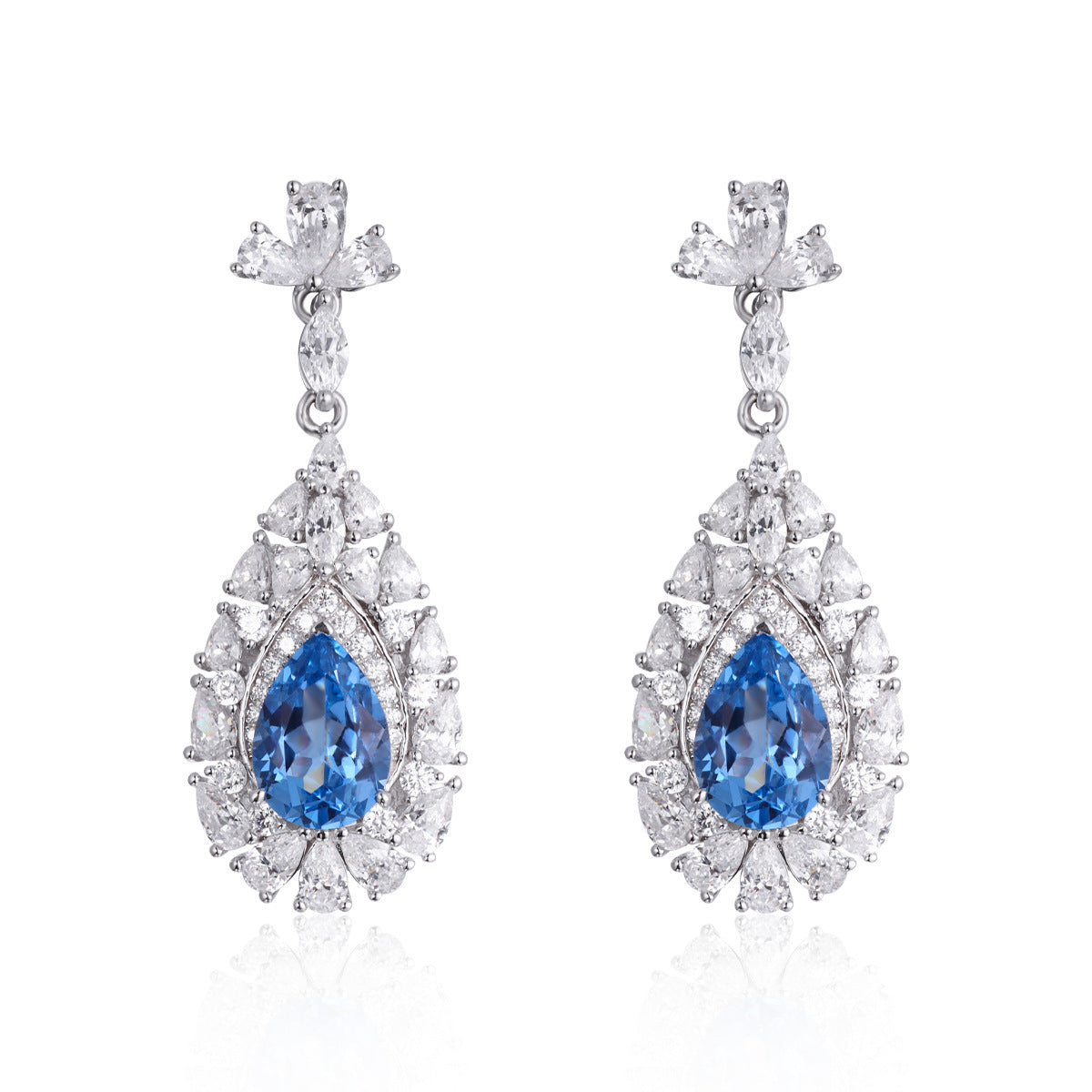 Blue Teardrop Drop Earrings, 925 Silver Crystal Halo Dangle Earrings product image