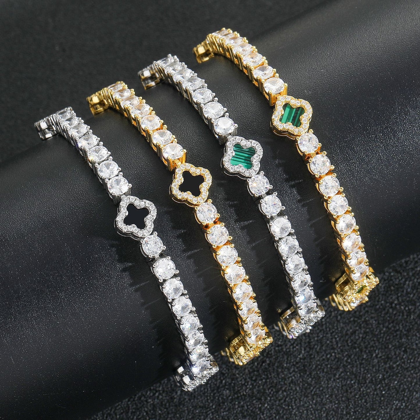 Hip Hop Vintage Four Leaf Clover Tennis Chain Copper Bracelet for Men