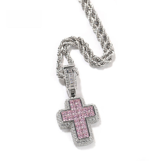 Pink Cubic Zirconia Cross Pendant Necklace for Women with Silver-Tone Twisted Chain