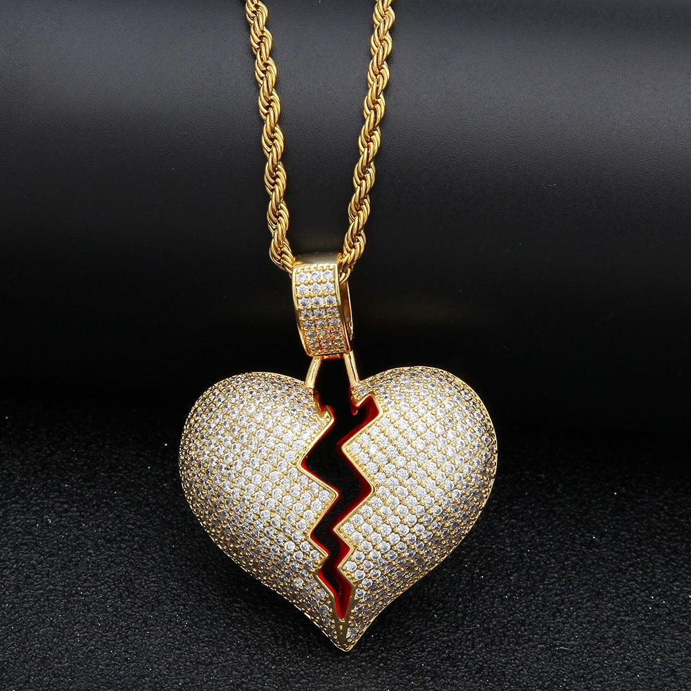 Iced Broken Heart Pendant Necklace for Women & Men – Cubic Zirconia Hip Hop Statement Chain in Gold, Silver & Two-Tone