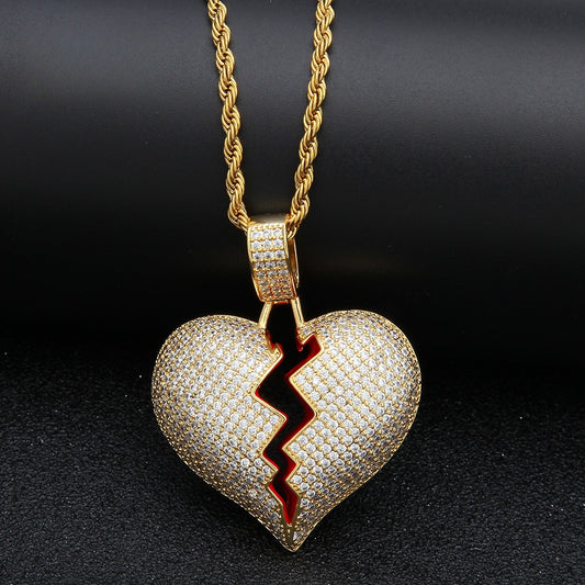 Iced Broken Heart Pendant Necklace for Women & Men – Cubic Zirconia Hip Hop Statement Chain in Gold, Silver & Two-Tone