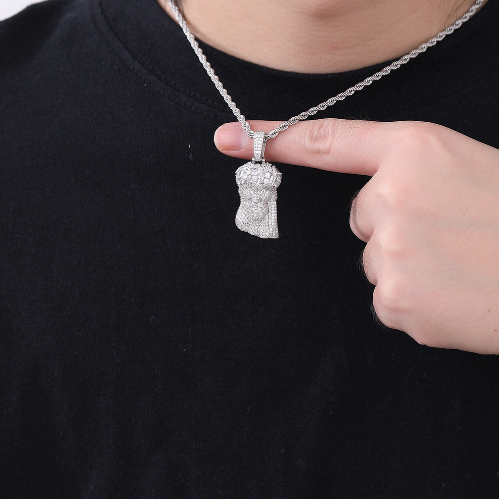 Men’s Hip Hop Cartoon Head Pendant Necklace, Copper Zircon Rope Chain, 24 Inch
