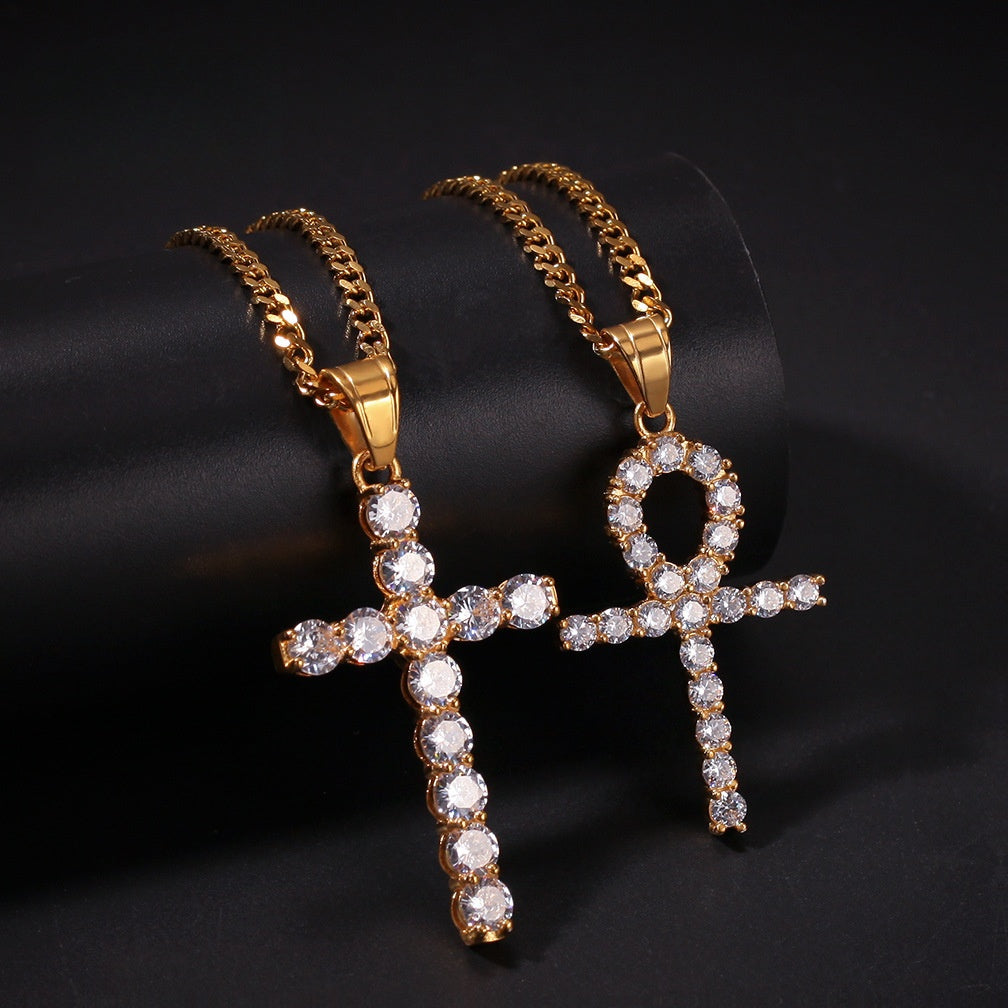 Gold Plated Stainless Steel Cross Pendant Necklace with Crystal Cuban Chain for Women product image
