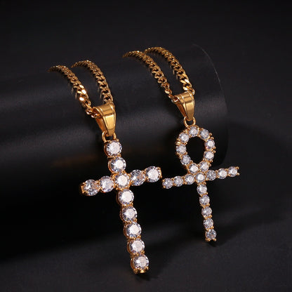 Gold Plated Stainless Steel Cross Pendant Necklace with Crystal Cuban Chain for Women
