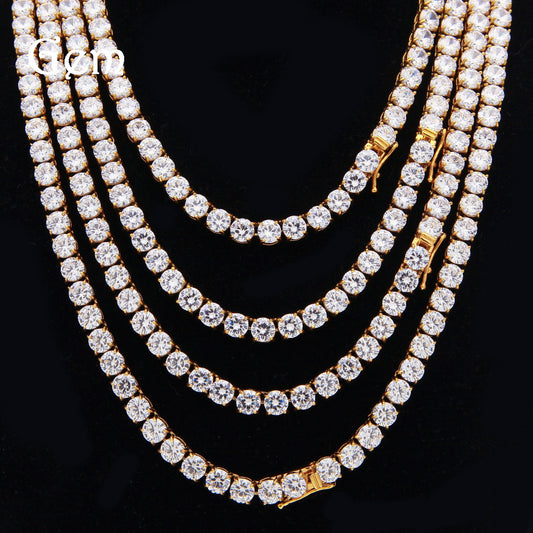Unisex Stainless Steel Tennis Chain Necklace with Crystal Pendant Look, 6mm Gold & Silver Chain